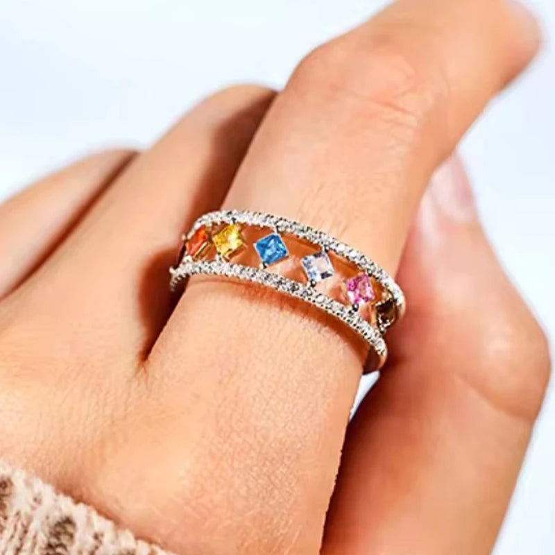 Creative Cute Finger Rings Colorful Shiny Square Cubic Zirconia Party Accessories Chic Attractive Lovely Daily Jewelry