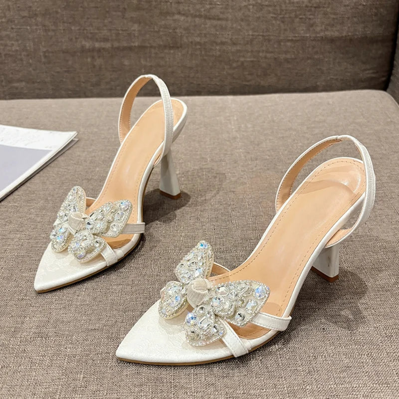 Size 35-41 Sexy Slingback Sandals Women Back Strap High Heels Summer Fashion Crystal Diamond Pointed Toe Wedding Prom Shoe