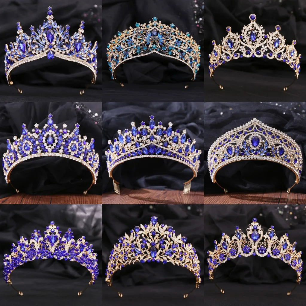 Baroque Gold Color Blue Diadem Rhinestone Crystal Tiaras Bride Headdress Princess Wedding Crown Pageant Hair Jewelry Accessories - EUFASHIONBAGS