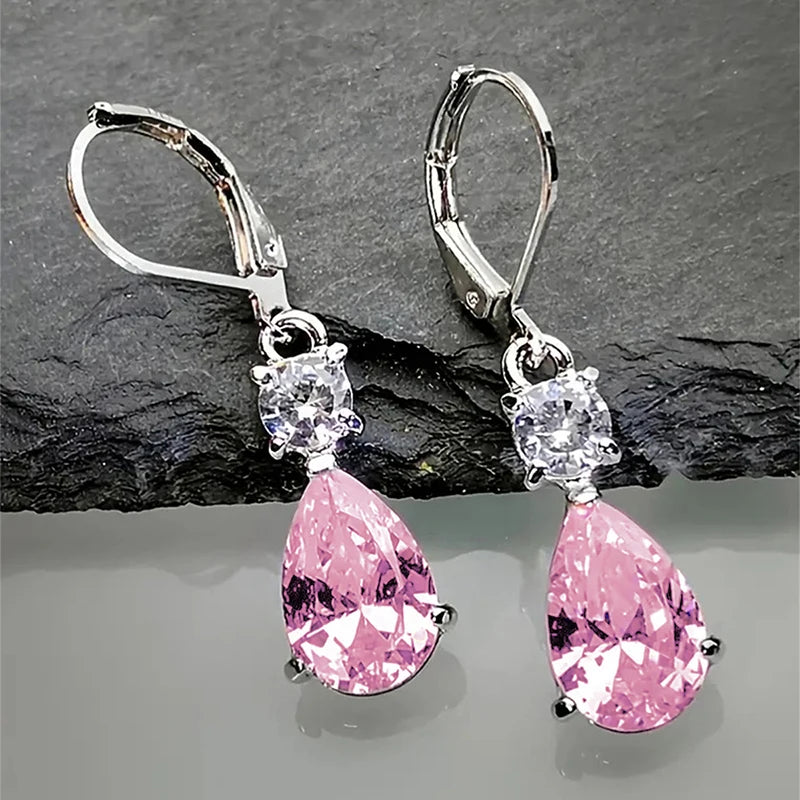 Waterdrop CZ Dangle Earrings for Women White/Pink/Red Gorgeous Female Earrings Wedding Party Trend Jewelry - EUFASHIONBAGS