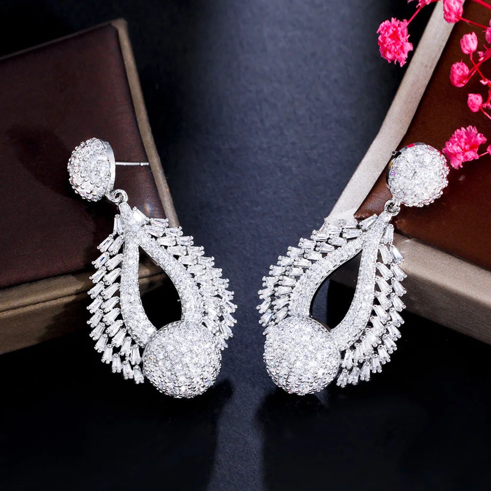 Bling Round Cubic Zirconia Dangle Drop Long Wedding Earrings for Brides Dubai White Gold Plated CZ Jewelry - EUFASHIONBAGS