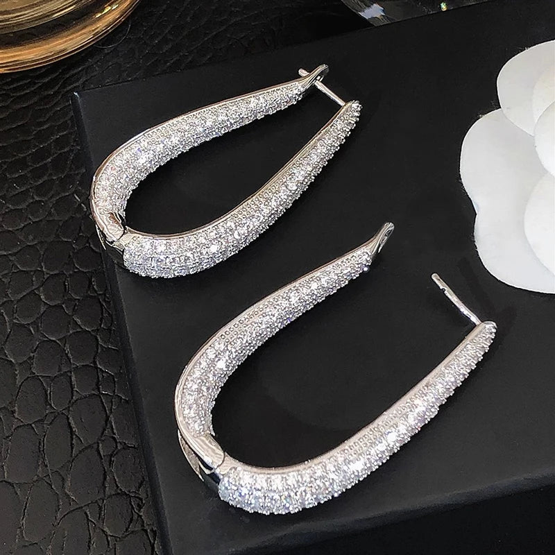 Silver Color Hoop Earrings Female Fashion Party Jewelry with Bright Zirconia Luxury Engagement Accessories Gift