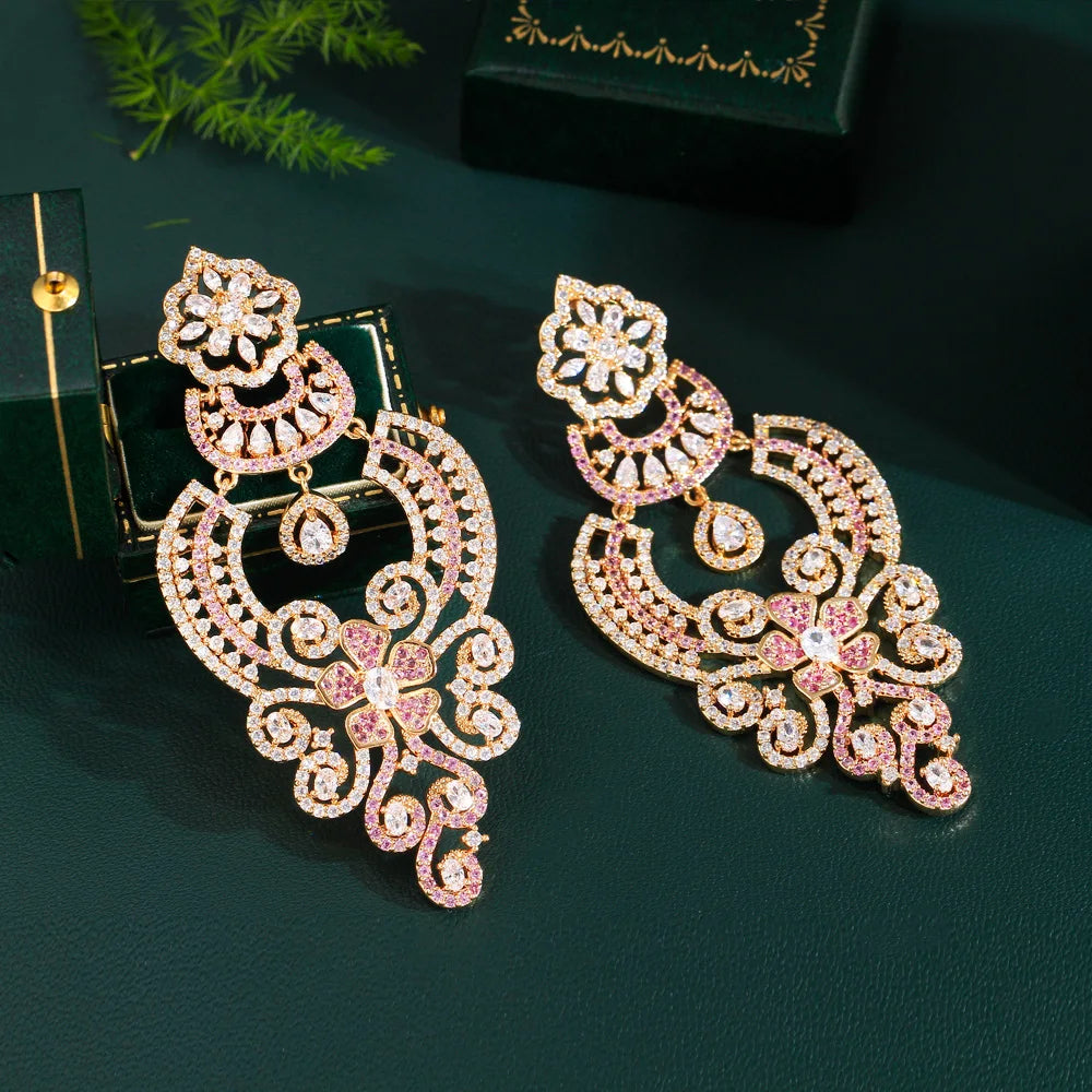 Luxury Statement Pink Red Cubic Zircon Long Big Earrings for Women Vintage Ethinc Wedding Bridal Party Jewelry - EUFASHIONBAGS