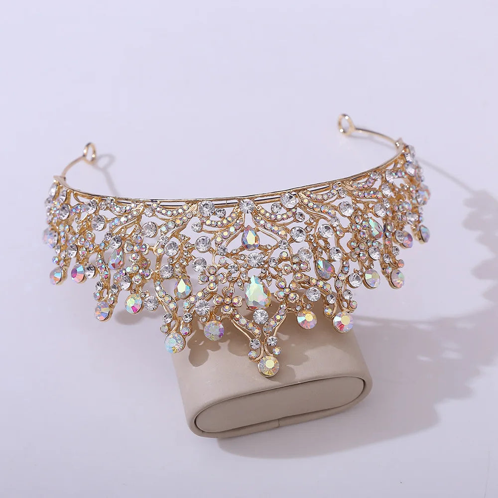 Luxury Royal Rhinestone Leaves Wedding Crown AB Color Crystal Tiaras Bridal Dress Hair Accessories Baroque Headband Queen Diadem - EUFASHIONBAGS