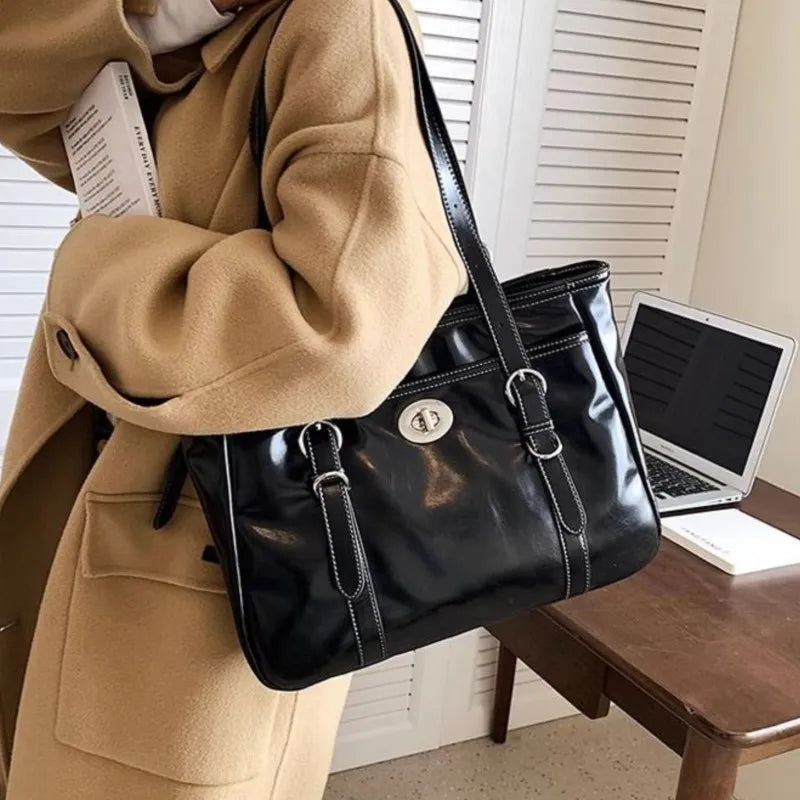 Large Black Tote Bag Women High Street Pu Leather Chic Casual Handbag Female Vintage Shoulder Bags Bolso Mujer - EUFASHIONBAGS