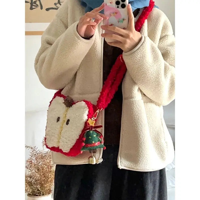 Christmas Red Y2k Crossbody Bag Women Versatile Plush Lamb Wool Cute Apple Bags Aesthetic Handbag Gift