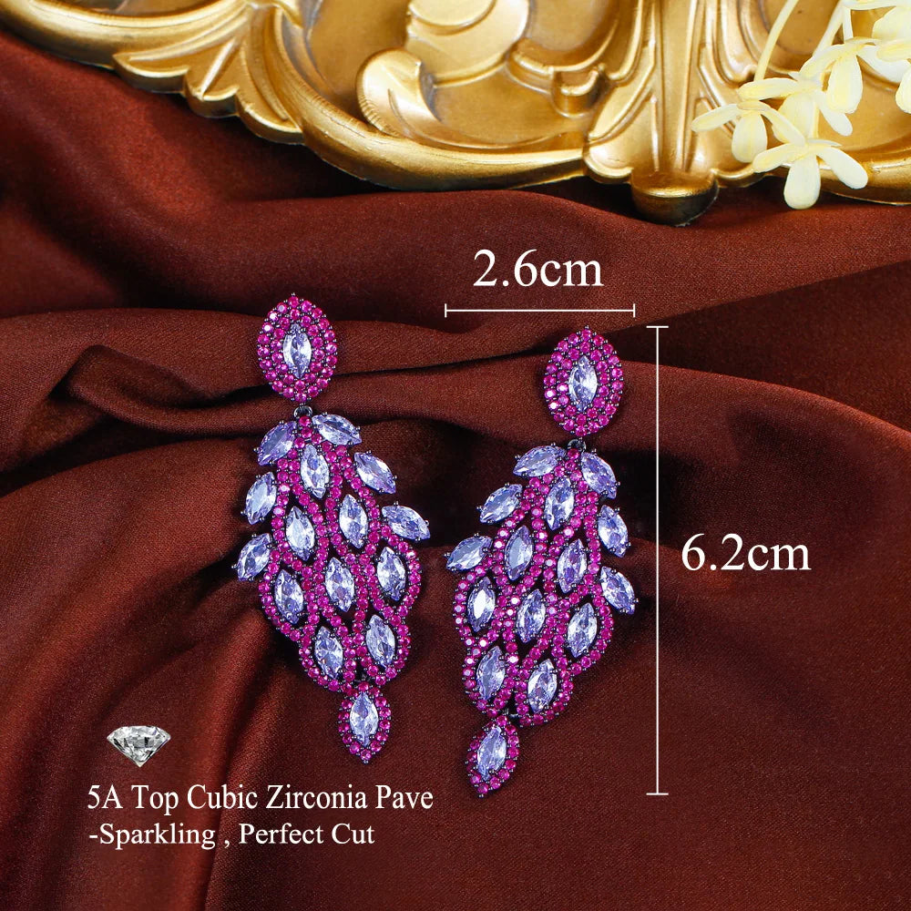 Glamorous Fuchsia Red Chunky Cubic Zirconia Paved Leaf Shape Dangle Drop Luxury Wedding Bridal Party Earrings - EUFASHIONBAGS