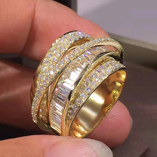 Bling Bling Gold Color Rings Gorgeous Women Wedding Accessories Full Sparkling Cubic Zirconia Party Luxury Trendy Jewelry - EUFASHIONBAGS