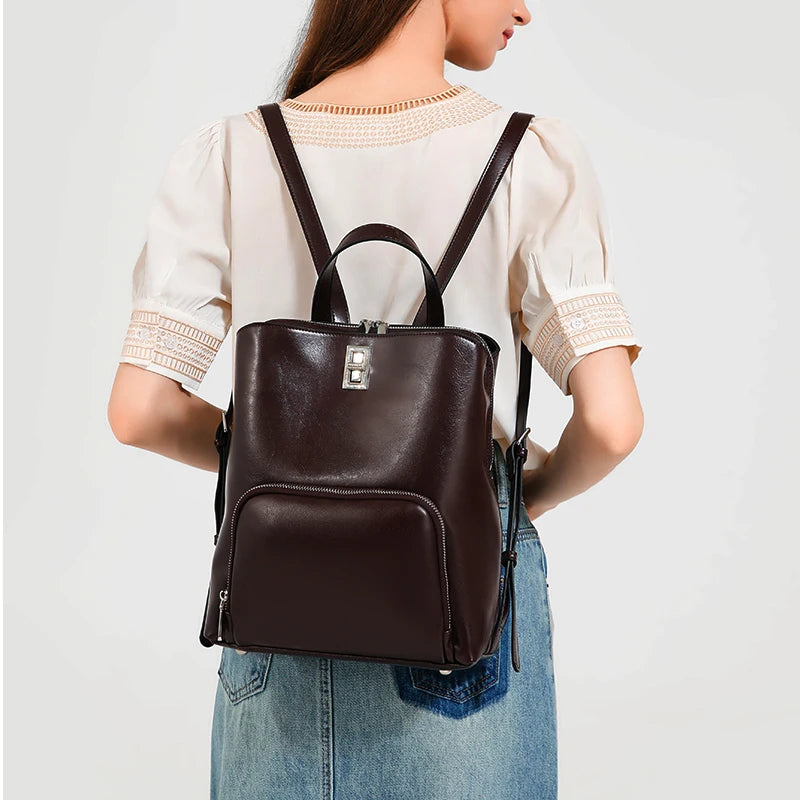 Women's Backpacks Genuine Leather Luxury Women Shoulder Bags Large Zipper Cowhide Girls Student School Bag