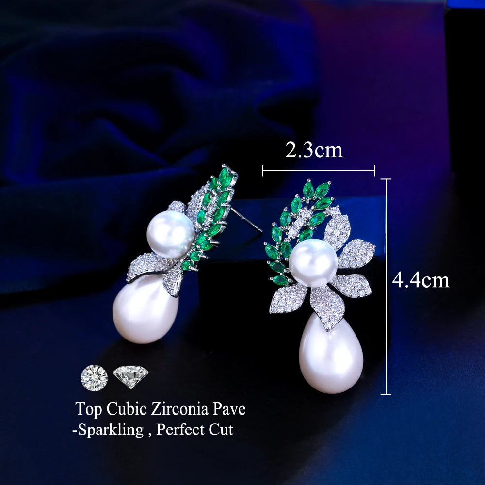 Symmetrical Leaf Shape Green Cubic Zirconia Long Big Water Drop Dangle Pearl Wedding Banquet Party Earrings - EUFASHIONBAGS