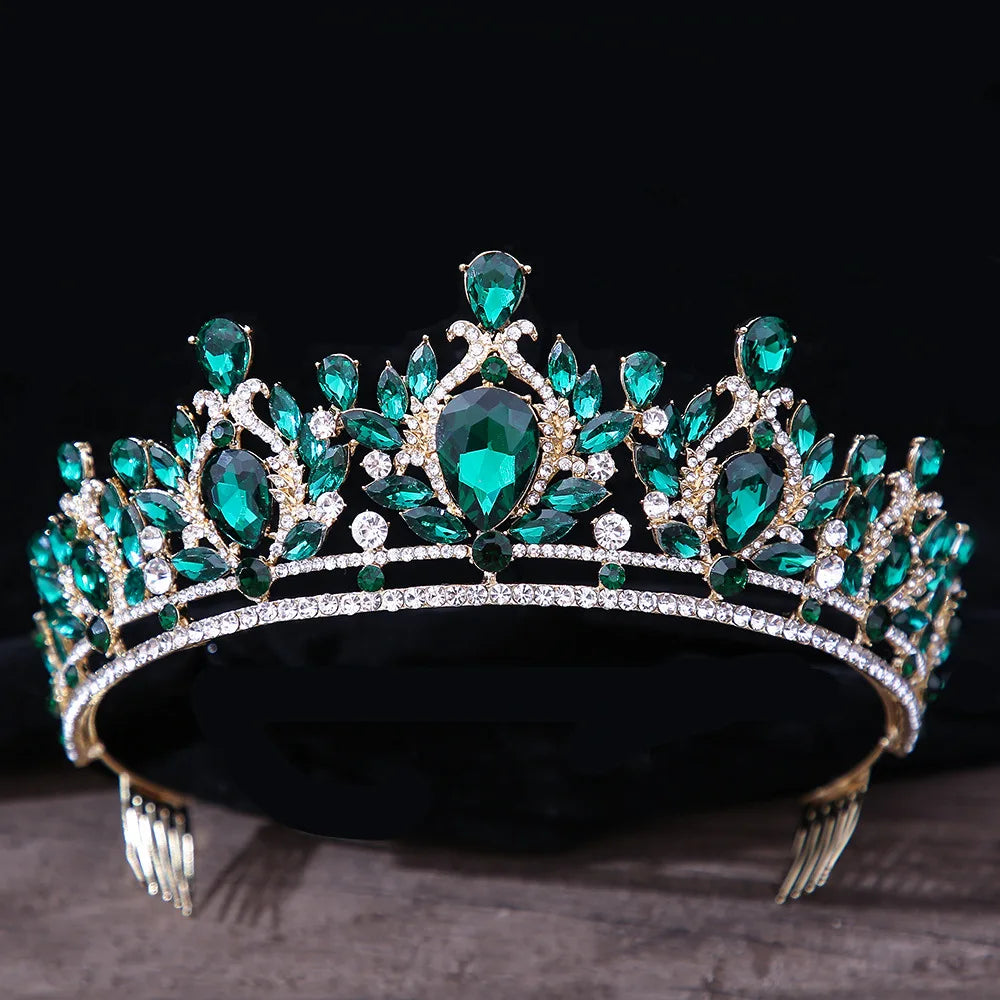 Luxury Green Color Crystal Wedding Crown Bridal Hair Accessories Women Baroque Crown Rhinestones Tiaras Bride Queen Party Crowns - EUFASHIONBAGS