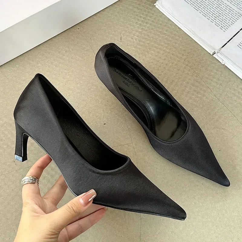 Silk Luxury High Heel Dress Shoes Women Shallow Pointed Toe Low Heel Office Shoes Comfy Footwear Women Zapatos De Mujer