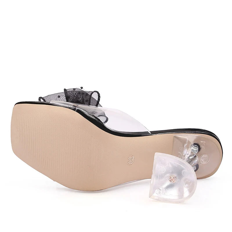 Summer Transparent Shoes For Women Slippers Crystal Flowers Square Toe Clear Heels Mules Slides Party Dress PVC Sandals - EUFASHIONBAGS