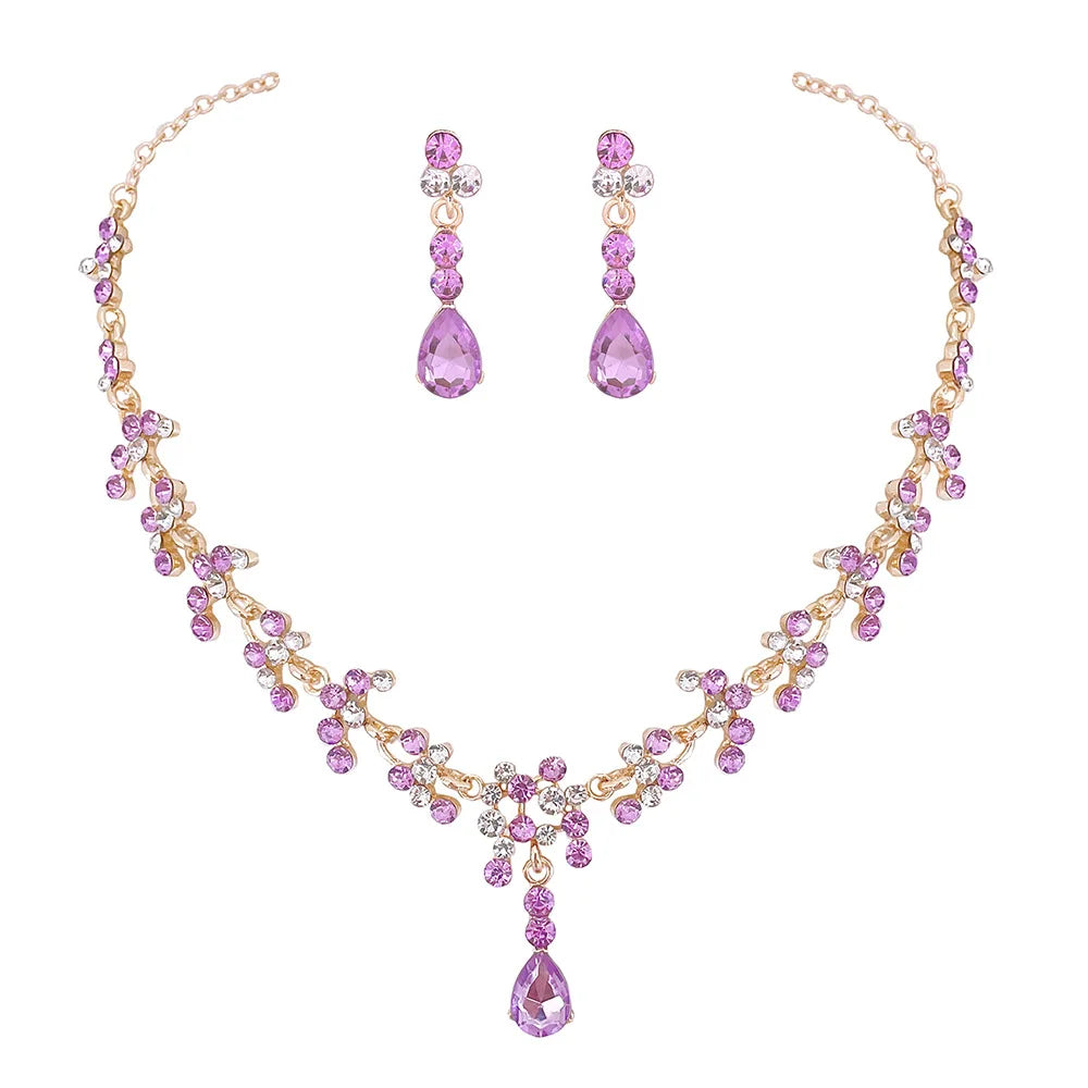 Baroque Pink Purple Crystal Bridal Wedding Jewelry Sets Women Gold Color Rhinestone Necklace Long Earrings Set Dress Accessories - EUFASHIONBAGS