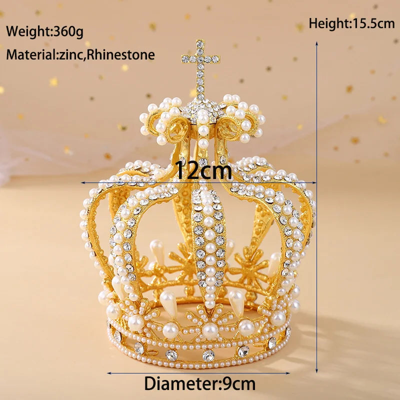 Pearl Royal Queen King Tiara Crowns Men/Women Pageant Prom Crystal Cross Diadem Hair Ornaments Wedding Hair Jewelry Accessories - EUFASHIONBAGS