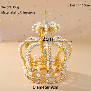 Pearl Royal Queen King Tiara Crowns Men/Women Pageant Prom Crystal Cross Diadem Hair Ornaments Wedding Hair Jewelry Accessories