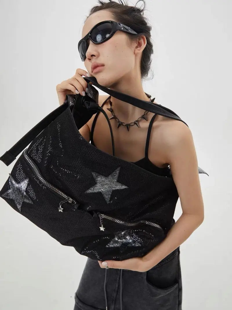 Star Black Large Capacity Tote Bag Women Hot Girls Beading Y2k Shoulder Messenger Bag Female Harajuku Aesthetic Handbag - EUFASHIONBAGS