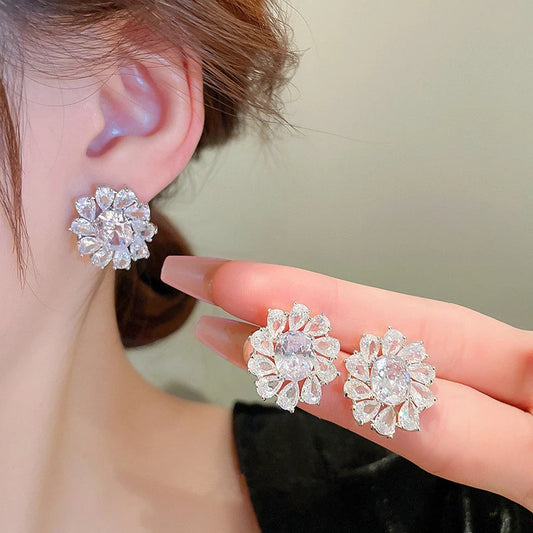 Sparkling CZ Stud Earrings Women Aesthetic Flower Shape Bridal Wedding Earrings Exquisite Ear Accessories Party Jewelry - EUFASHIONBAGS