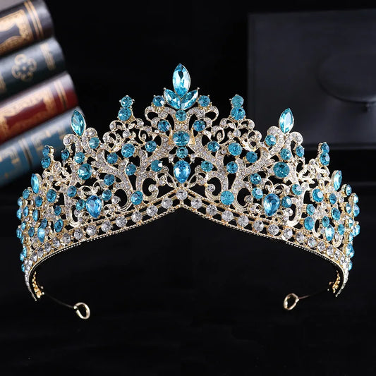 Trendy Baroque Sky Blue Rhinestone Crystal Queen Crown Wedding Tiara Women Beauty Pageant Diadem Bridal Hair Accessories Jewelry - EUFASHIONBAGS