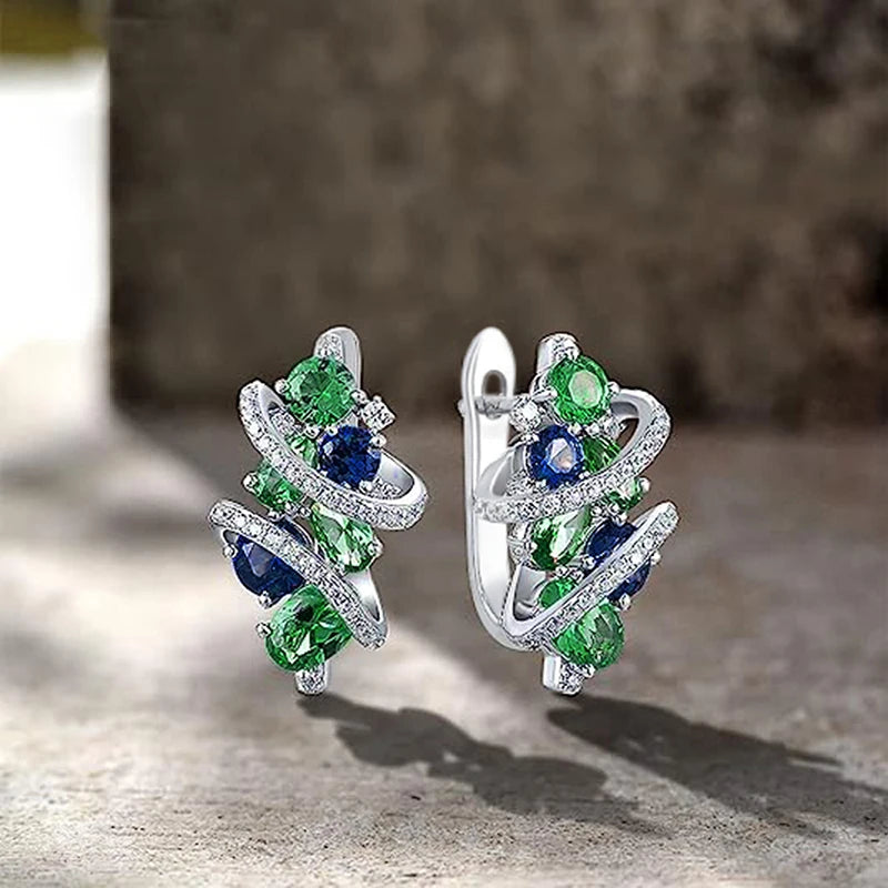 Green/Blue Cubic Zirconia Hoop Earrings for Women New Temperament Bridal Wedding Party Earrings Trendy Jewelry - EUFASHIONBAGS