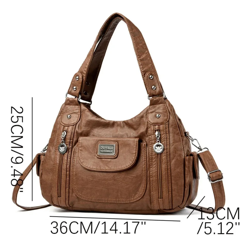 Retro Leather Shoulder Bag Female Multi-pockets Crossbody Bag Fashion Large Handbag New Messenger Bag Tote sac