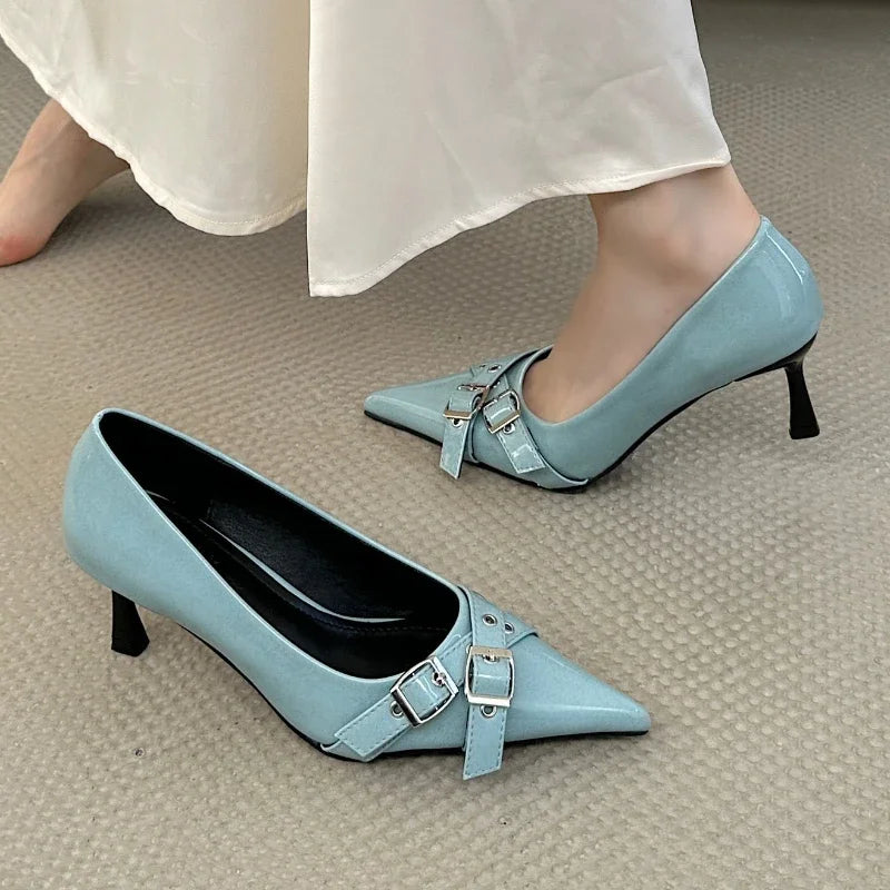 Belt Buckle Design High Heels Women Brand Women Shoes Shallow Classics Elegant Dress Shoes Fashion Pointed Toe Pumps Women