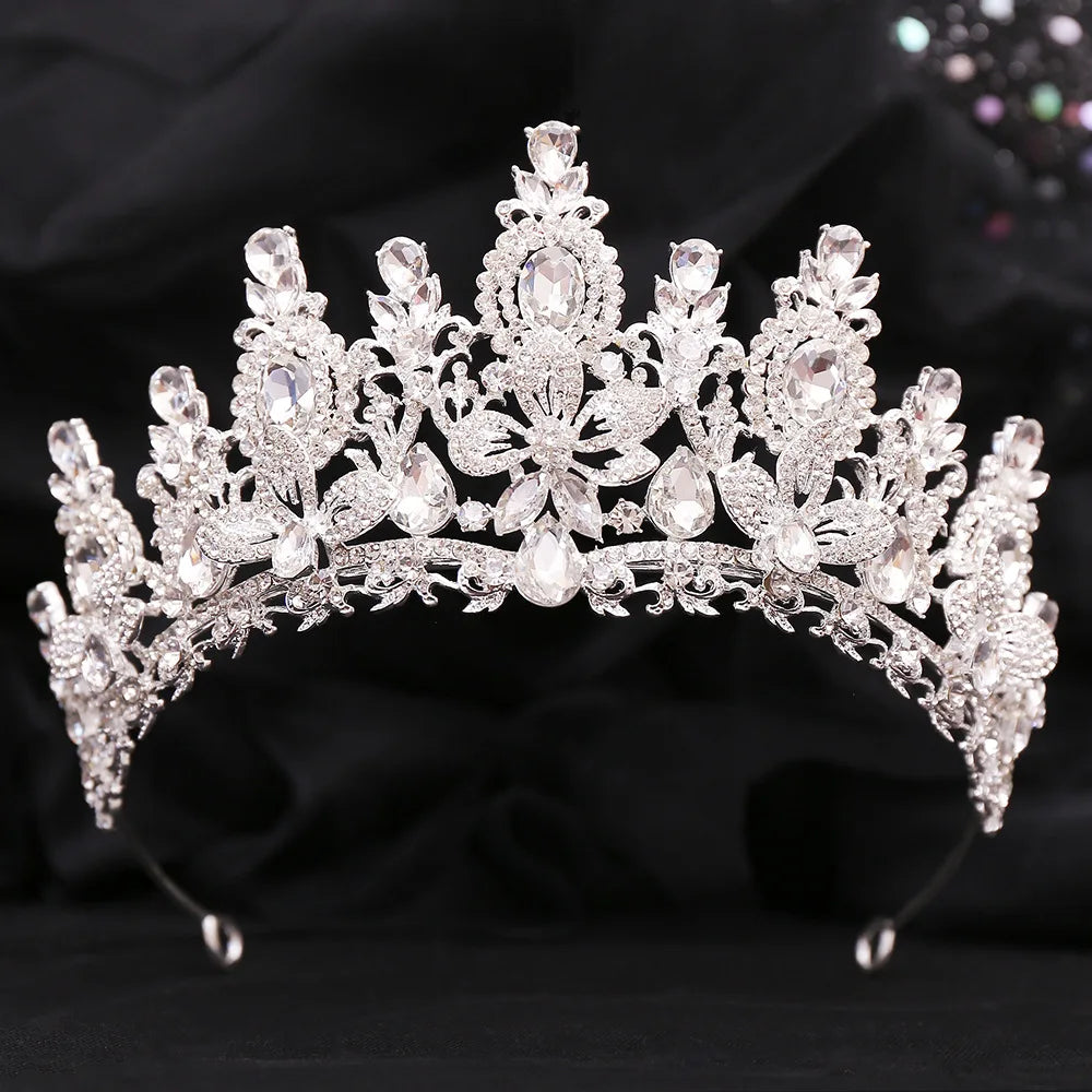 Silver Color Pink Opal Royal Queen Wedding Crown Rhinestone Crystal Bridal Diadem Pageant Headdress Bride Tiara Hair Accessories - EUFASHIONBAGS