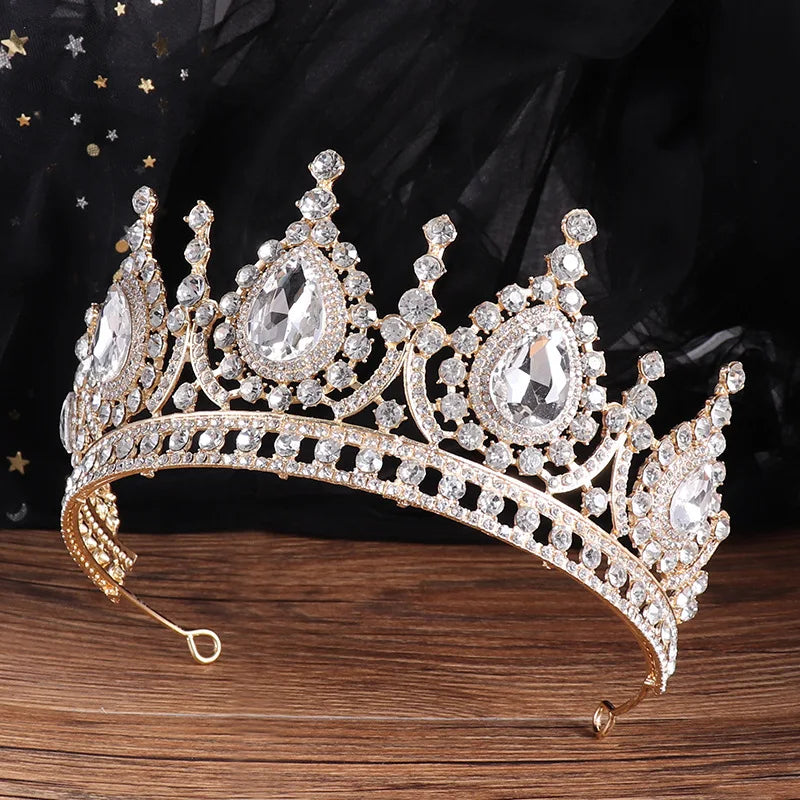 Baroque Vintage Peach Crystal Bridal Tiaras Queen Big Rhinestone Crown Women Beauty Pageant Diadem Wedding Hair Accessories Gift - EUFASHIONBAGS