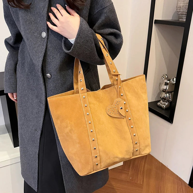 Nubuck Leather Tote Bags Lady Shoulder Bag for Women Winter New Fashion Retro Rivent Handbags and Purses - EUFASHIONBAGS