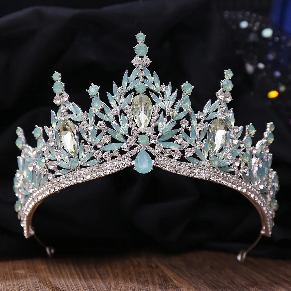 Baroque Silver Color Blue Green Opal Crystal Wedding Crown Royal Queen Bridal Tiaras Rhinestone Pageant Diadem Head Accessories - EUFASHIONBAGS