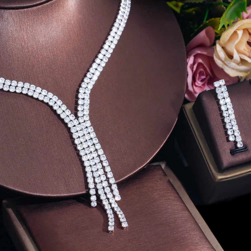 Shiny Cubic Zirconia Elegant Long Dangling Drop Tassel Wedding Costume Necklace Brides Jewelry Sets for Women - EUFASHIONBAGS