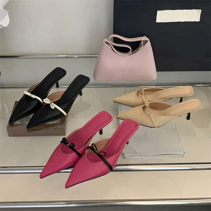 Butterfly-knot Pointed Toe Mules Slippers Woman Fashion Elegant Low Heel Summer Slides Female Concise High Heeled Sandals Women