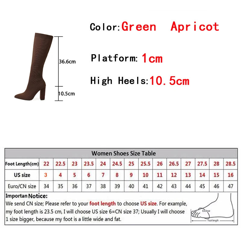 Green Women Cozy Knitting Stretch Fabric Knee High Boots Fashion Square Heels Autumn Winter Sock Long Shoes Booties Female - EUFASHIONBAGS