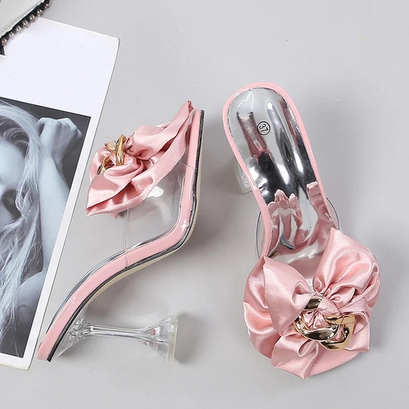 Transparent Slippers For Women 2025 Summer Fashion Pink Butterfly-knot Designer Sandals Clear Heels Size 46 Female Shoes