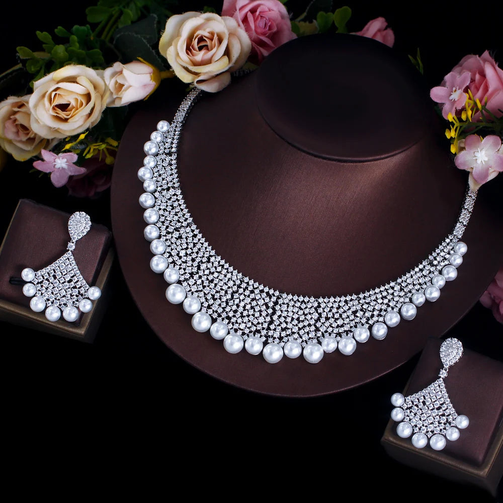 Luxury Top Cubic Zirconia Pave Chunky Big Wide Wedding Bridal Pearl Necklace Festive Jewelry Sets for Women - EUFASHIONBAGS