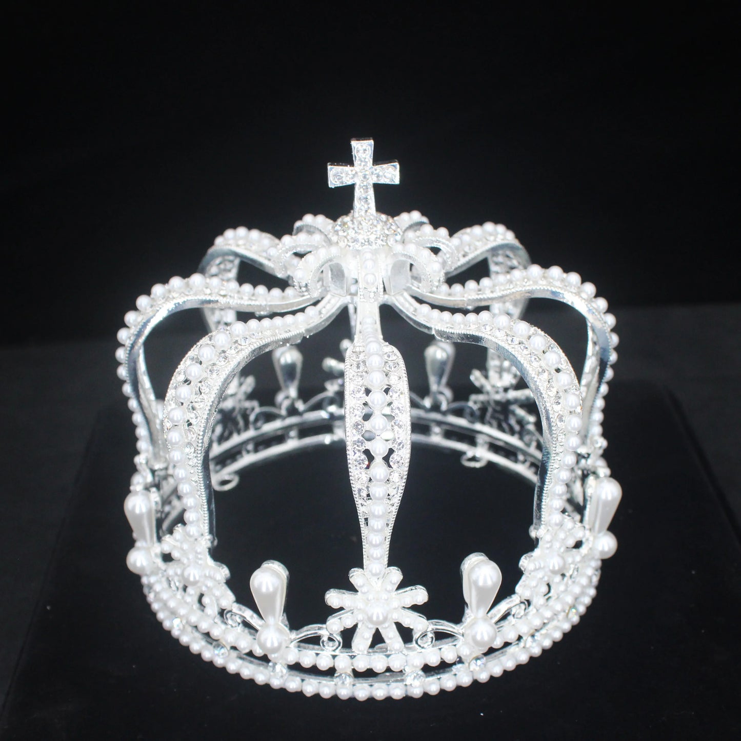 Pearl Royal Queen King Tiara Crowns Men/Women Pageant Prom Crystal Cross Diadem Hair Ornaments Wedding Hair Jewelry Accessories - EUFASHIONBAGS