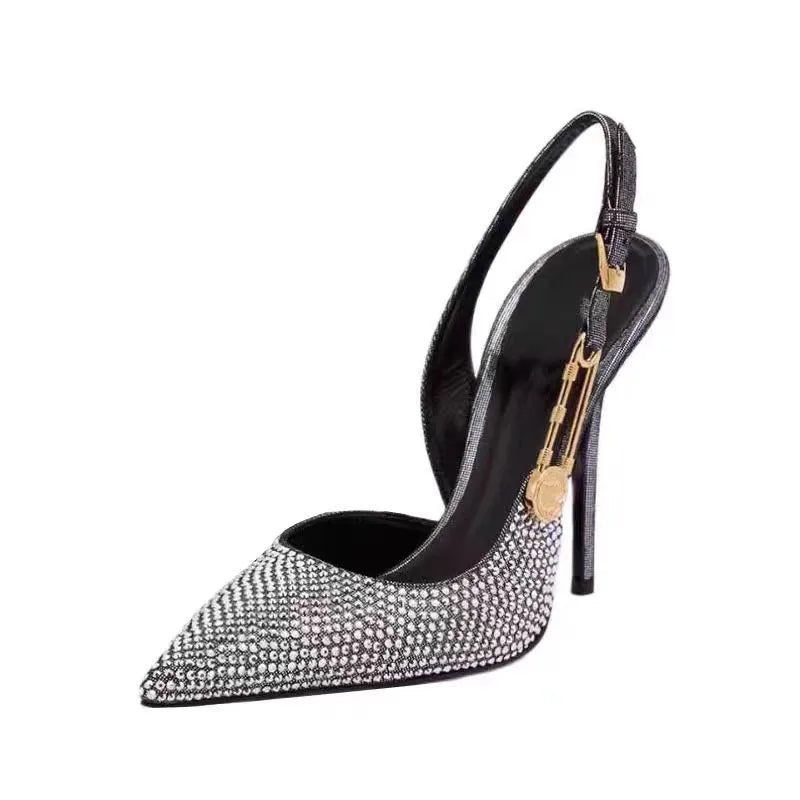 Luxury Rhinestones Sequined Buckle Women Pumps Elegant Pointed toe Slingbacks Stiletto High heels Spring Summer Fashion Shoes - EUFASHIONBAGS