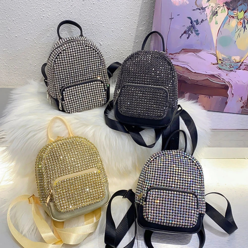 Women's Shiny Diamond Studded Sequined School Bag 2025 New Niche High-end Small Backpack College Students Shoulder Bag - EUFASHIONBAGS