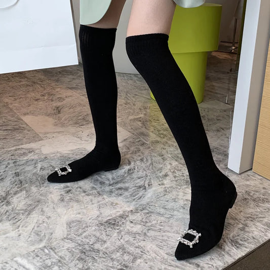 New Design Crystal Buckle Women Slim Leg Thigh High Sock Boots Casual Flat Heels Black Stretch Fabric Over The Knee Shoes