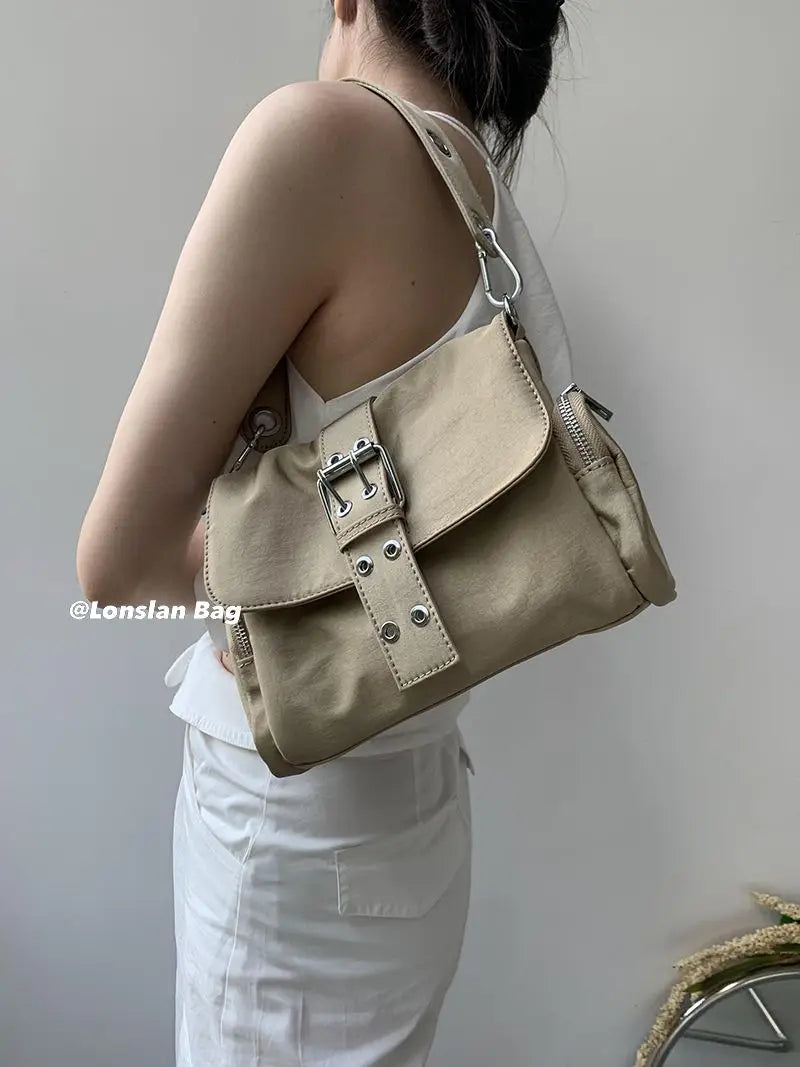 Vintage Nylon Khaki Shoudler Bag Women Hot Girls Square Bag Female Harajuku Casual Crossbody Bags Handbag Y2k