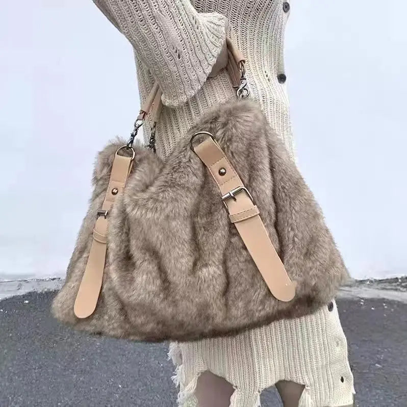 Plush Large Tote Bag Women Vintage Autumn Winter Fur Soft Khaki Handbag Retro Casual Messenger Bag Y2k - EUFASHIONBAGS