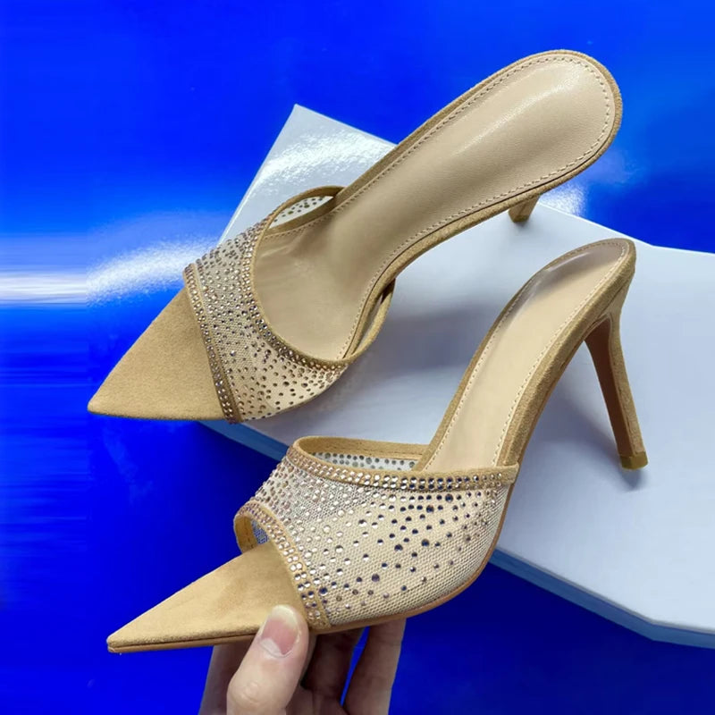 Summer Fashion Crystal Rhinestone Mesh Women Slippers Party Banquet Mules Shoes Sexy Pointed Toe Thin High Heels Slides