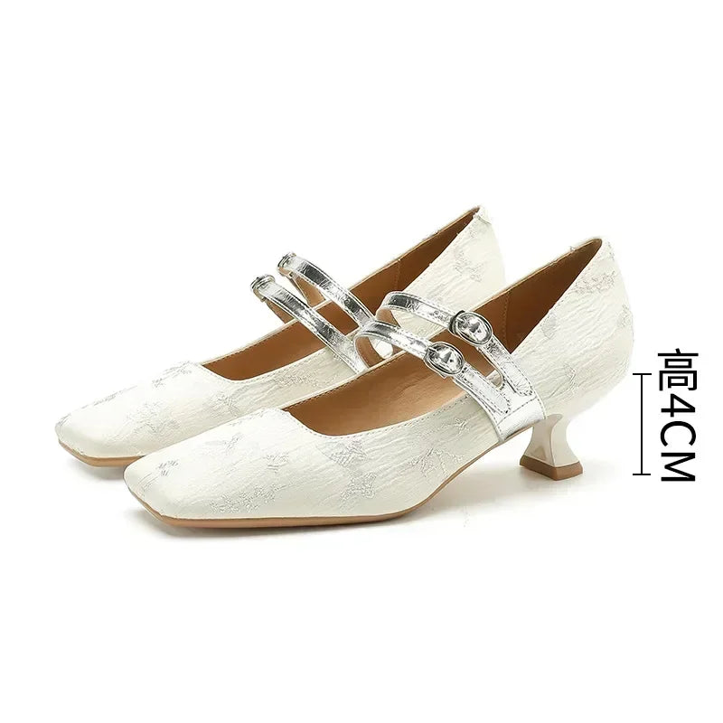 2025 New Designer High Heels Women Silk Square Toe Elegant Dress Shoes Female Comfort Fashion Belt Buckle Low Heel Shoes Women