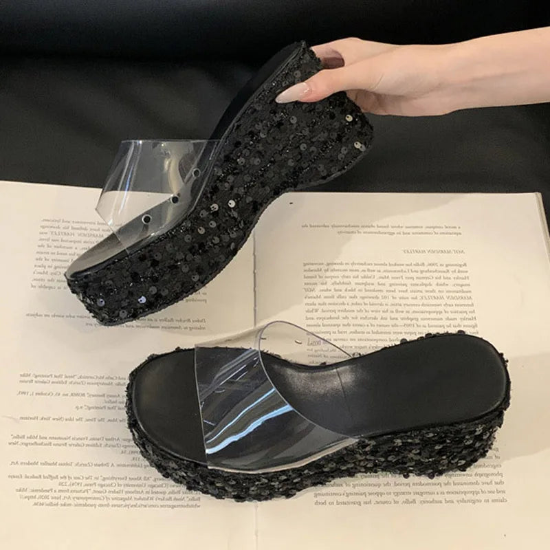 New Fashion Sequined Platform Wedges Slippers Women Open Toe PVC Transparent Sandals Female Shoes High Heels Zapatos Mujer - EUFASHIONBAGS