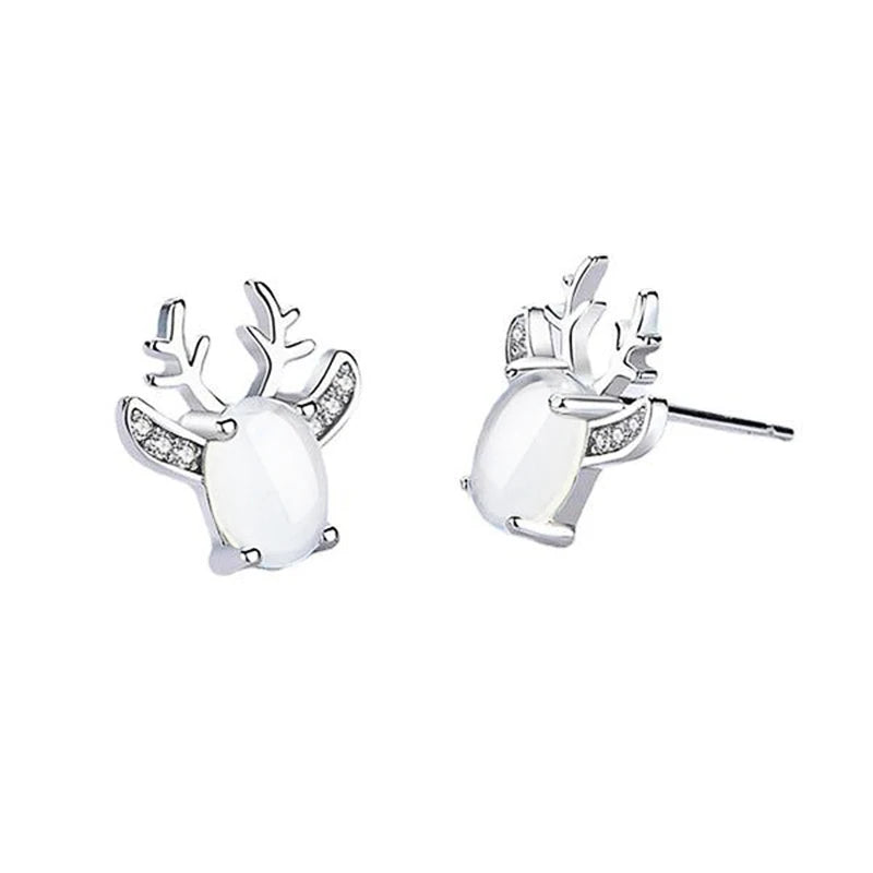 Christmas Elk Stud Earrings for Women Graceful Female Silver Color Brilliant Cubic Zirconia Jewelry Animal Accessories