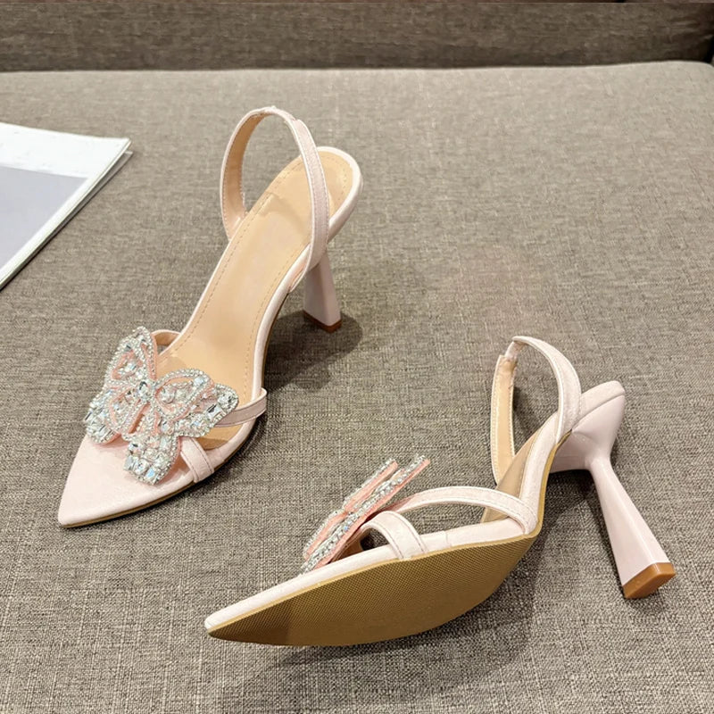 Size 35-41 Sexy Slingback Sandals Women Back Strap High Heels Summer Fashion Crystal Diamond Pointed Toe Wedding Prom Shoe - EUFASHIONBAGS