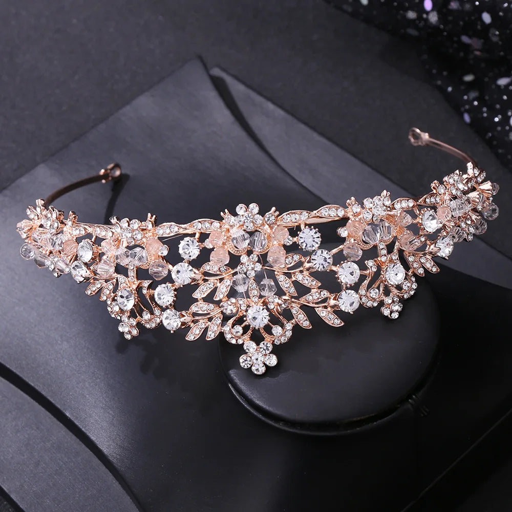 Baroque Luxury Handmade Crystal Beads Flowers Bridal Tiaras Crown Rhinestone Pageant Diadem cz Headband Wedding Hair Accessories - EUFASHIONBAGS