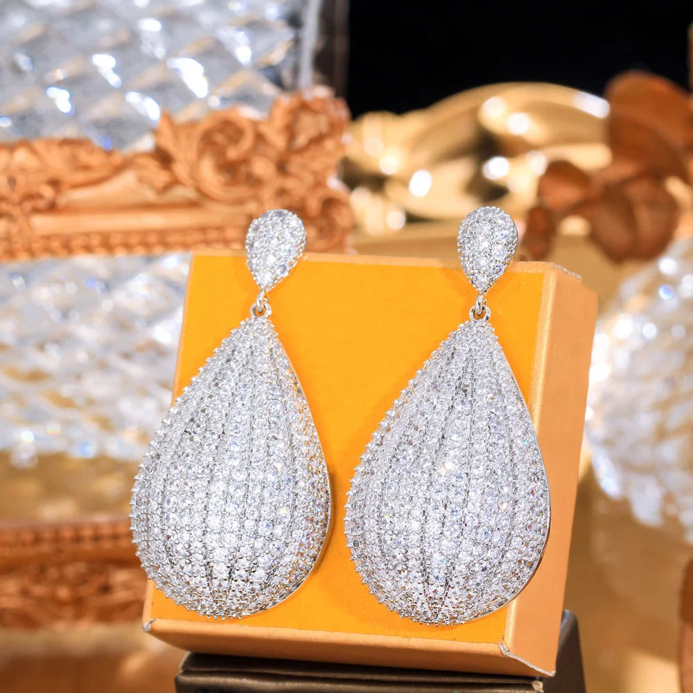 Shiny Full Cubic Zirconia Pave White Gold Color Long Dangling Big Water Drop Earring for Brides Wedding Pageant - EUFASHIONBAGS