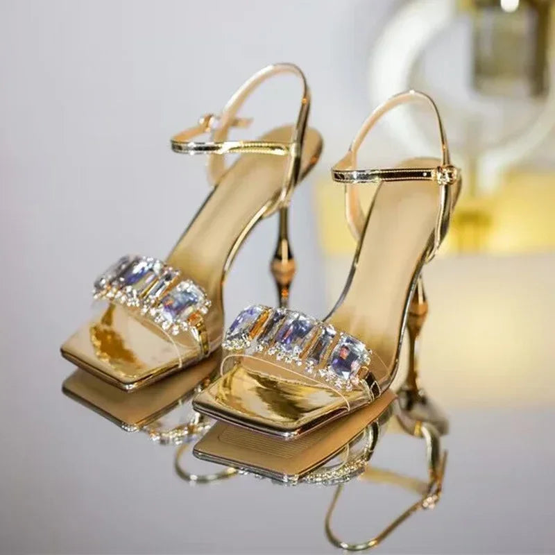 Luxury Diamond High Heels Women 2025 Summer Square Toe Shiny Crystal Sandals Woman Ankle Straps Elegant Party Pumps Women Shoes