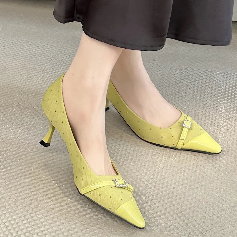 Designer Pointed Toe Low Heel Women Shoes Belt Buckle Elegant Office Thin High Heels Female Shallow Pumps Women Zapatos De Mujer